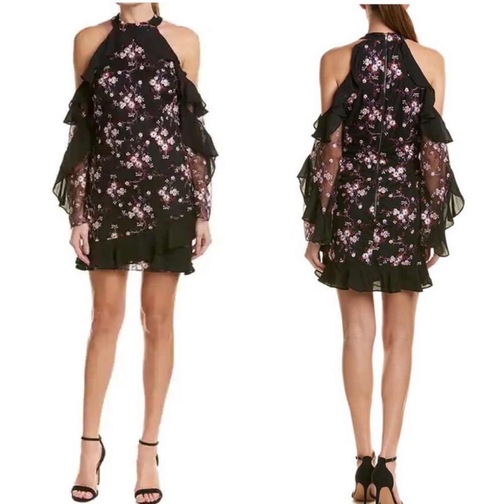 Parker Floral Embroidered Ruffle Shift Dress Black. New with tag